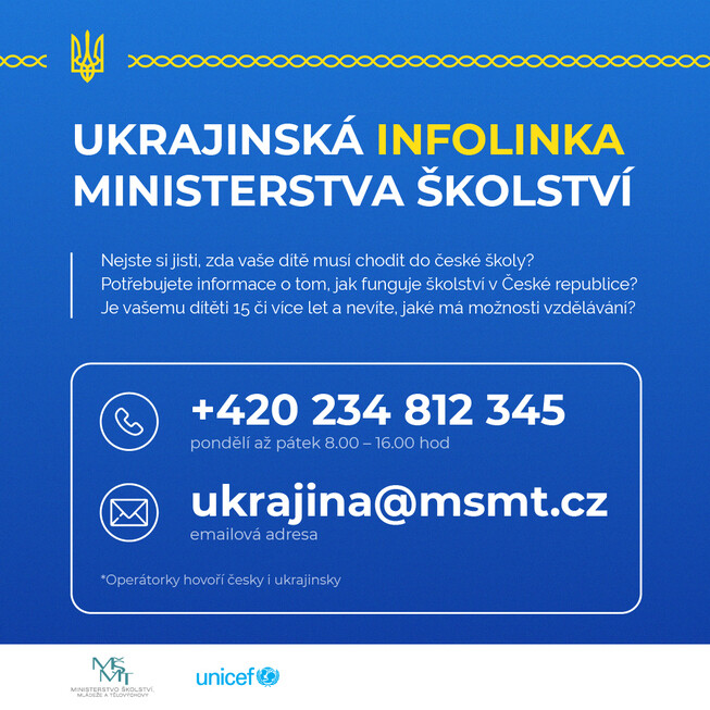 Міністерство освіти, молоді і спорту Чехії у співпраці з Дитячим фондом ООН (ЮНІСЕФ) запустило нову телефонну лінію з інформацією про можливості навчання українців у Чехії. 